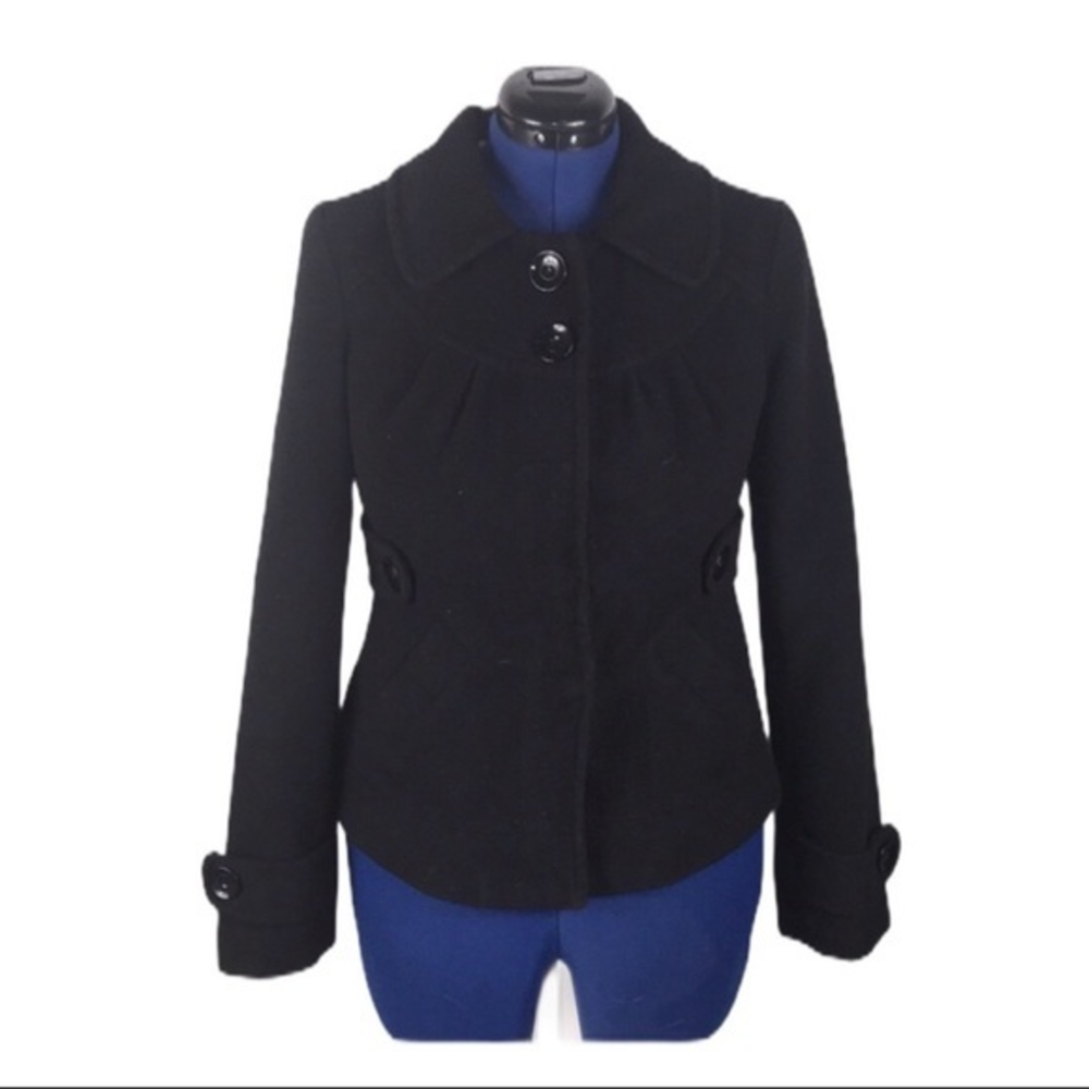 Tulle Medium black retro 2 button high‎ collar long sleeve lined winter coat